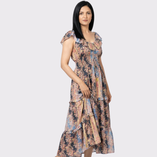 Golden Foil Print High-Low Silk Dress