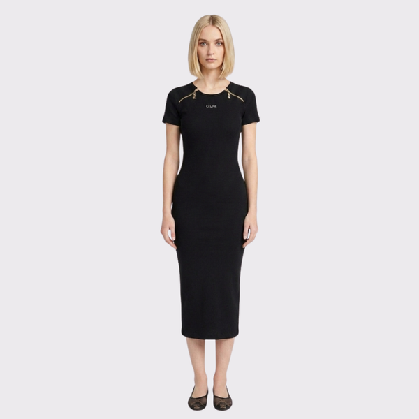 Celine Gold-Accented Ribbed Midi Dress