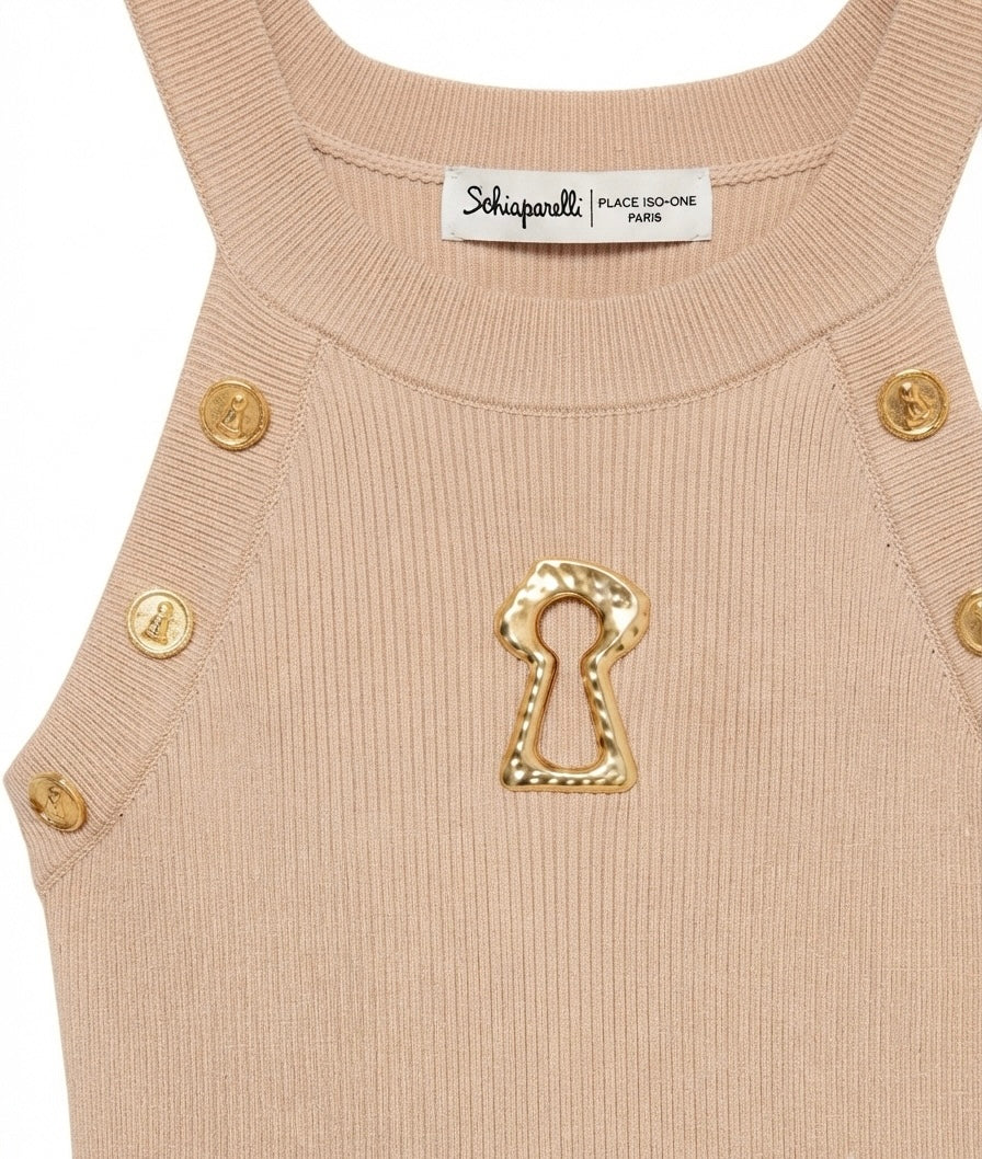 Schiaparelli Ribbed Knit Top with Signature Keyhole Cutout and Gold Buttons - Made in Italy.