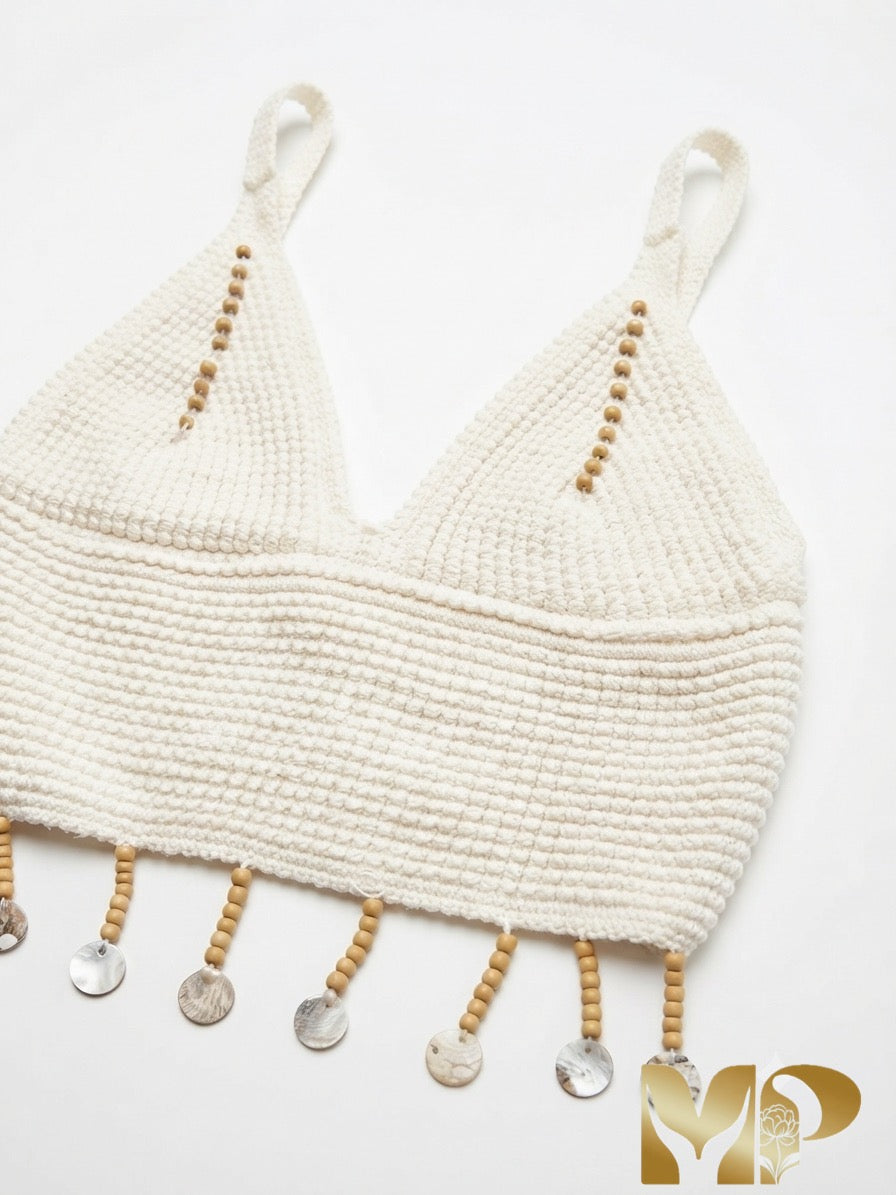 Elegant Turkish Lycra Knit Crop Top with Shell and Bead Embellishments