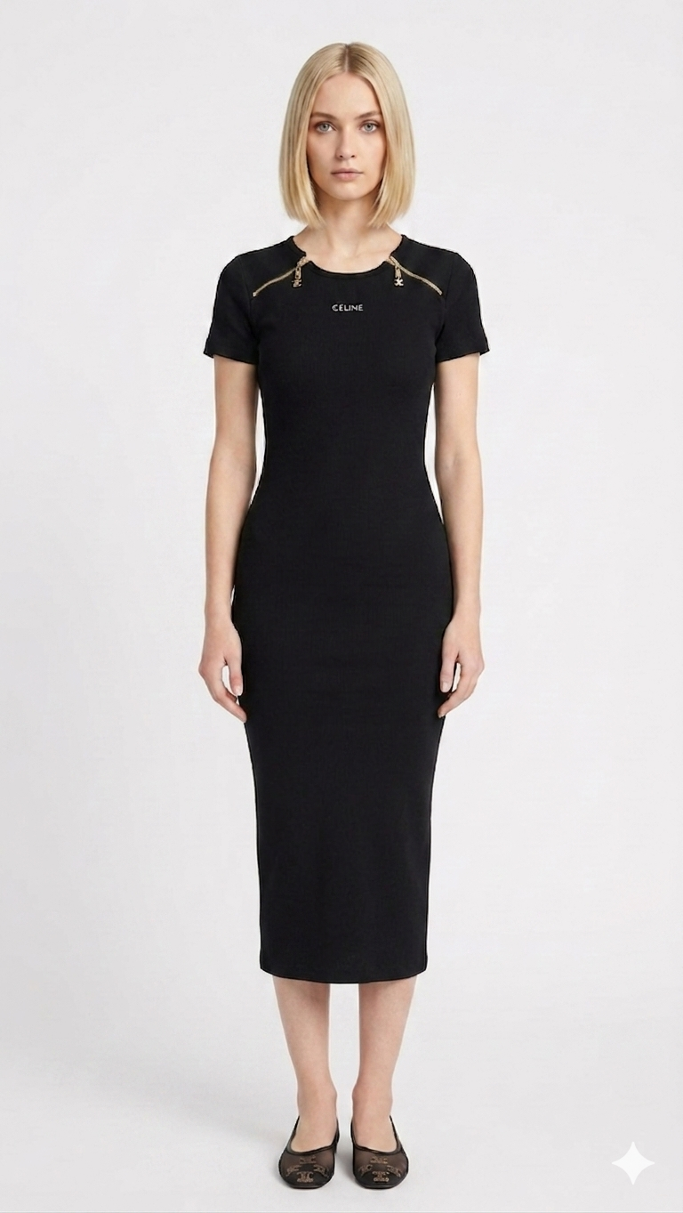 Celine Gold-Accented Ribbed Midi Dress