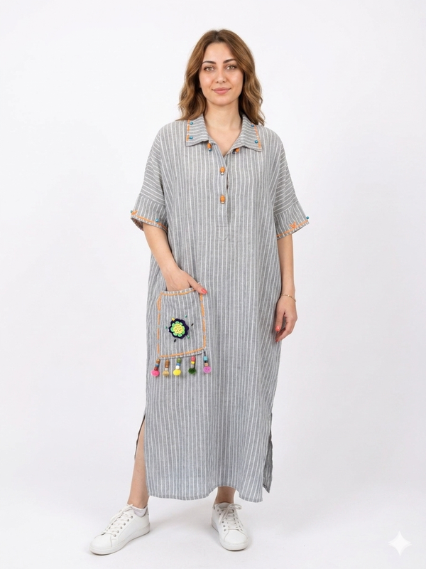 Striped Gray Italian Linen Maxi Dress with Knit Accents