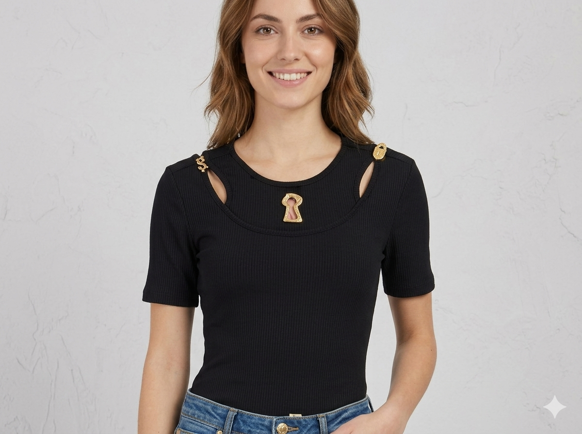 Schiaparelli Inspired Ribbed Top with Mismatched Gold Buttons
