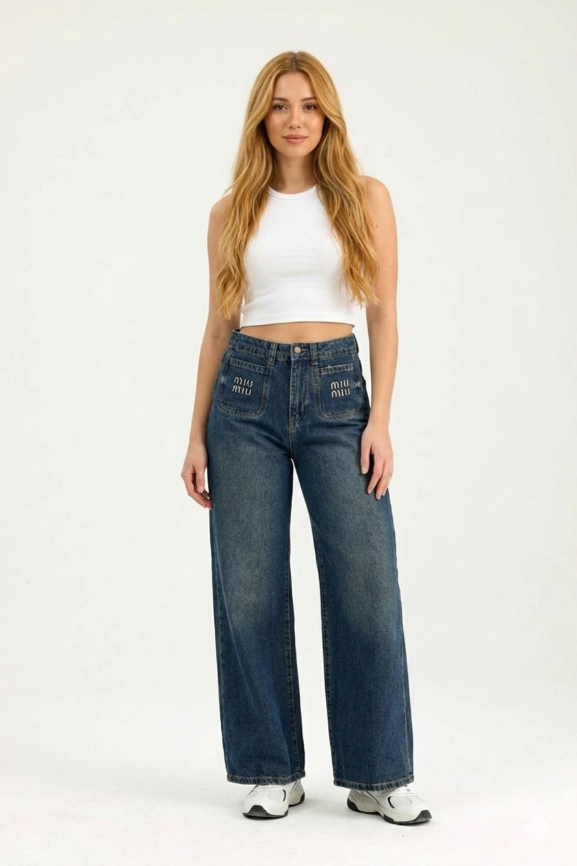 Miu Miu Wide-Leg Glitter Logo Jeans