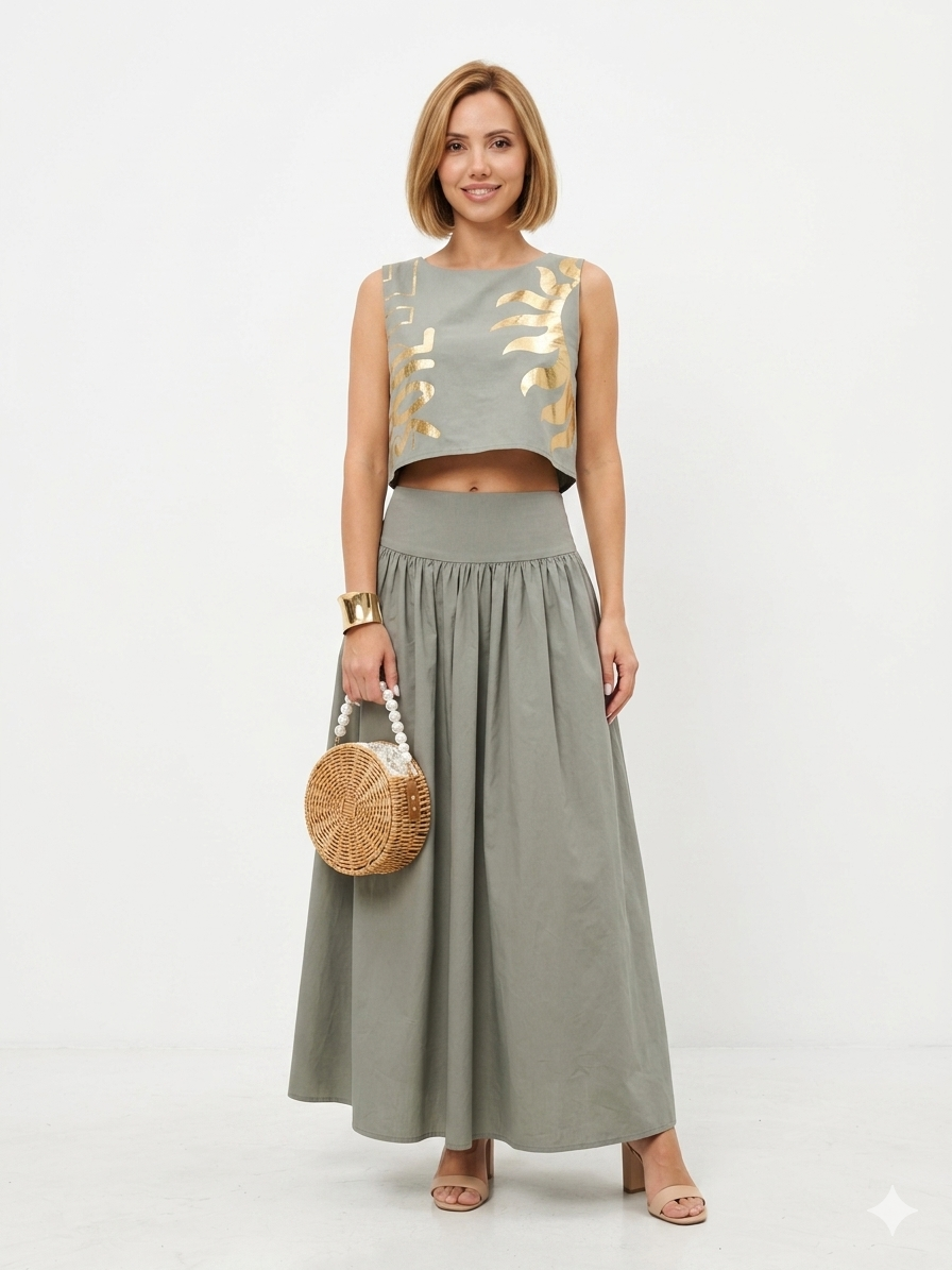High-Waist Skirt Set with Metallic Foil Art