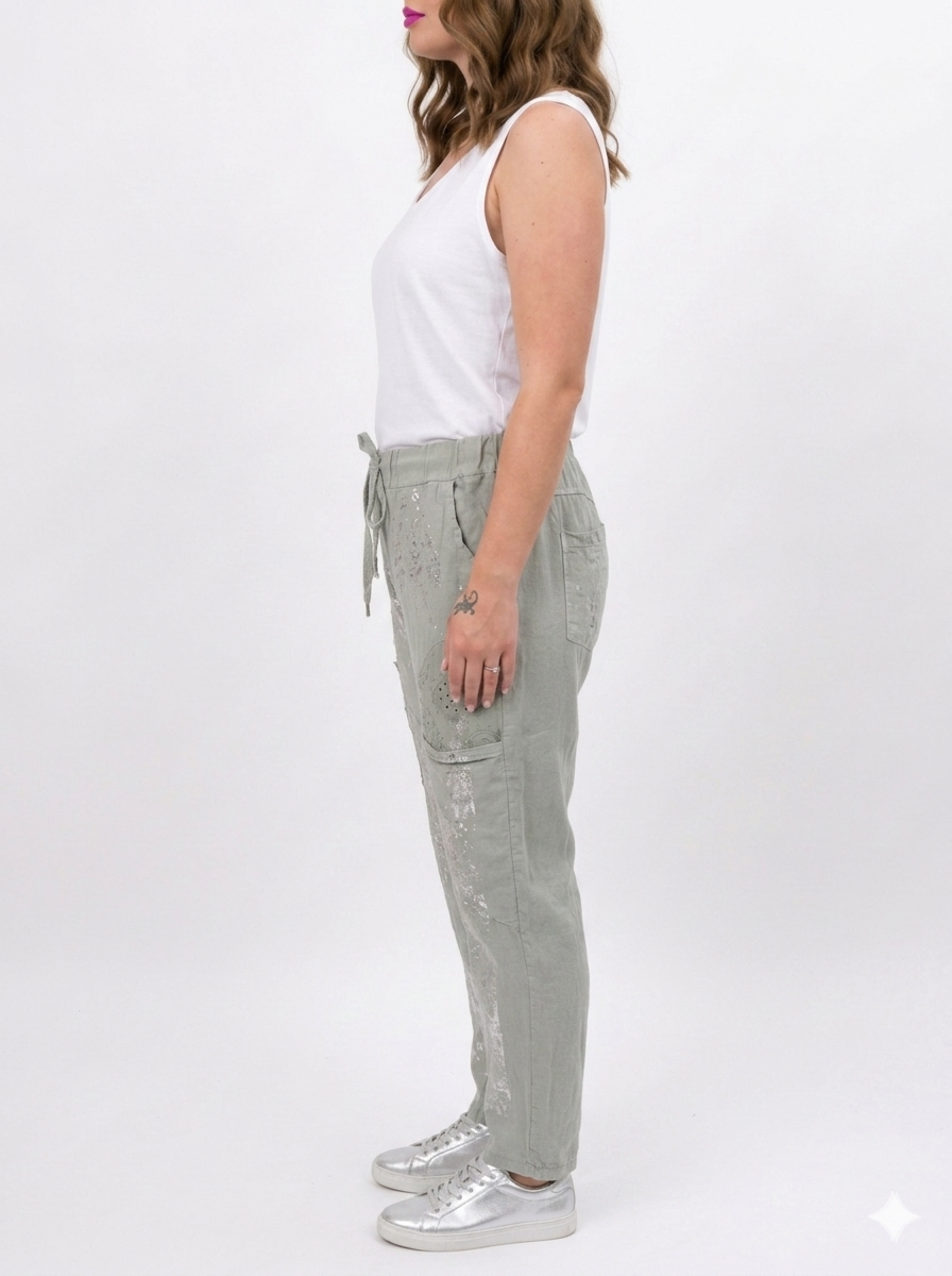 Soft Italian Linen Trousers with Silver Print