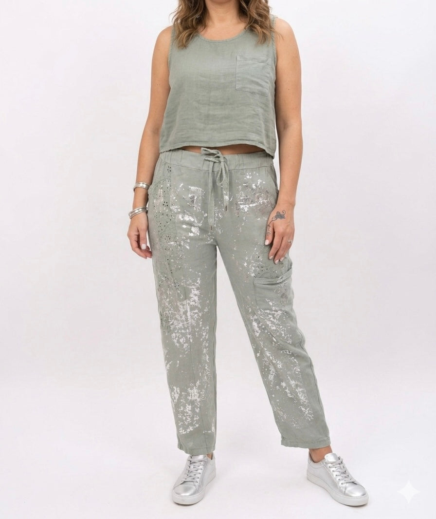 Soft Italian Linen Trousers with Silver Print