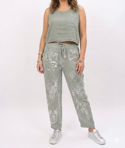 Soft Italian Linen Trousers with Silver Print