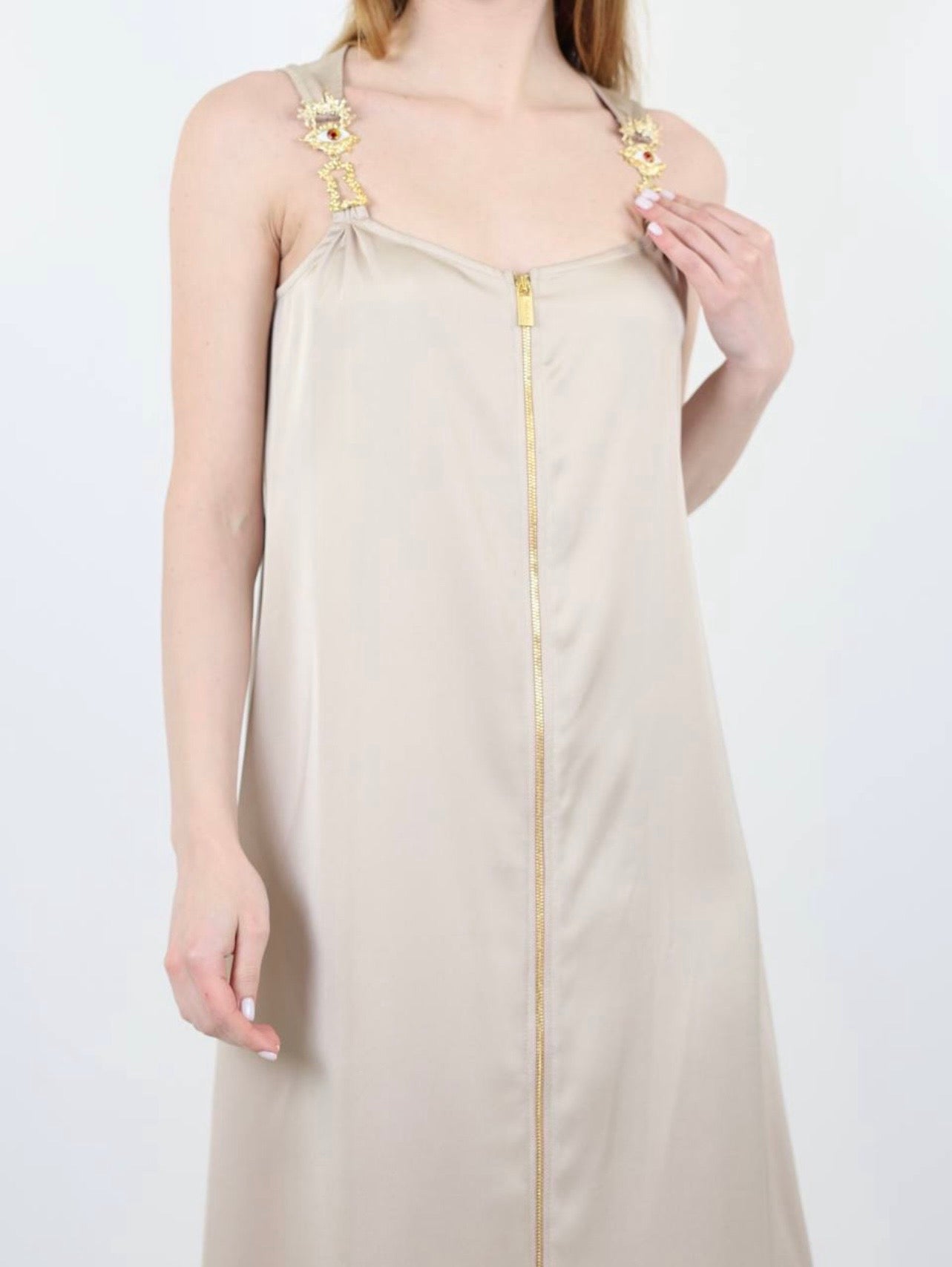 Schiaparelli Inspired Cafe-Au-Lait Satin Maxi Dress