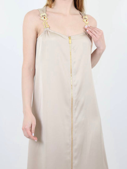 Schiaparelli Inspired Cafe-Au-Lait Satin Maxi Dress