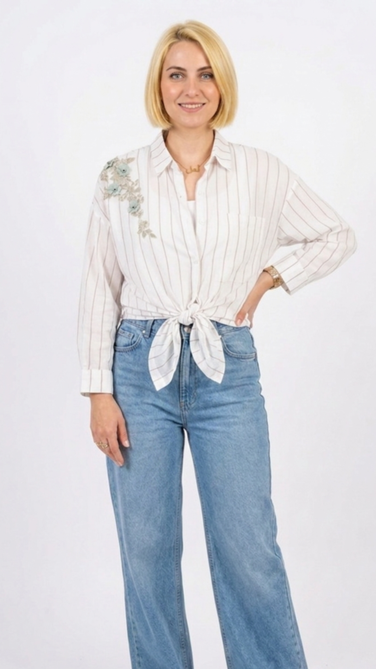 Italian Striped Shirt with Raised Floral Embroidery
