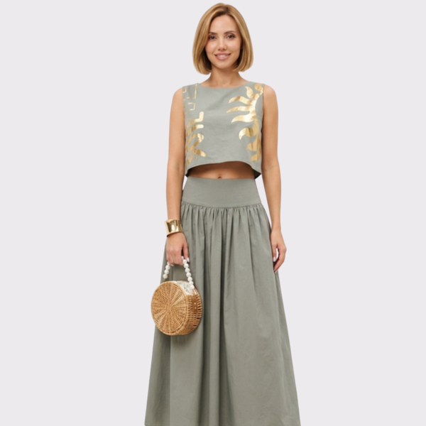 High-Waist Skirt Set with Metallic Foil Art