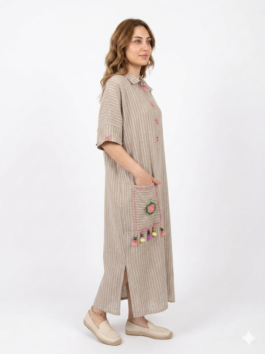 Striped Italian Linen Maxi Dress with Knit Accents