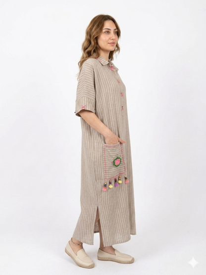 Striped Italian Linen Maxi Dress with Knit Accents