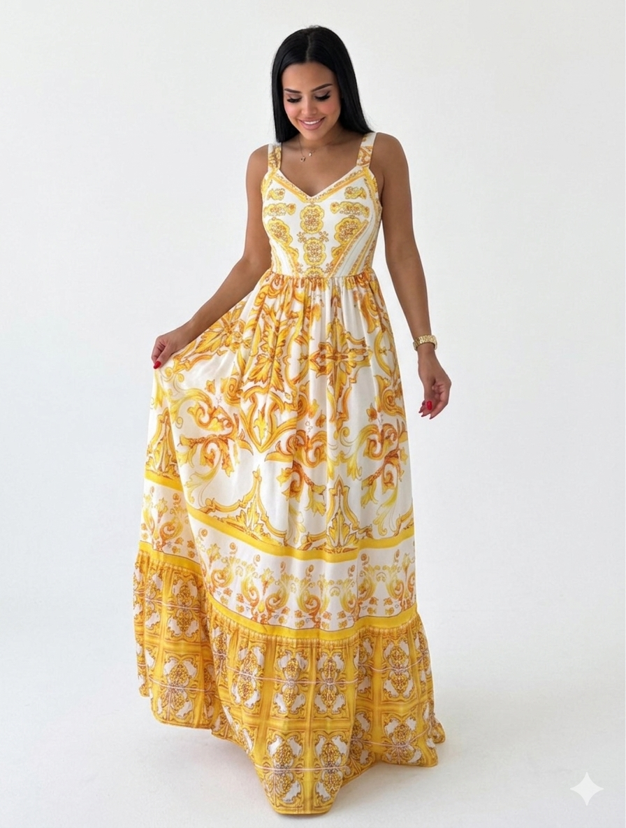 Dolice & Gabbana Yellow Majolica Maxi Dress