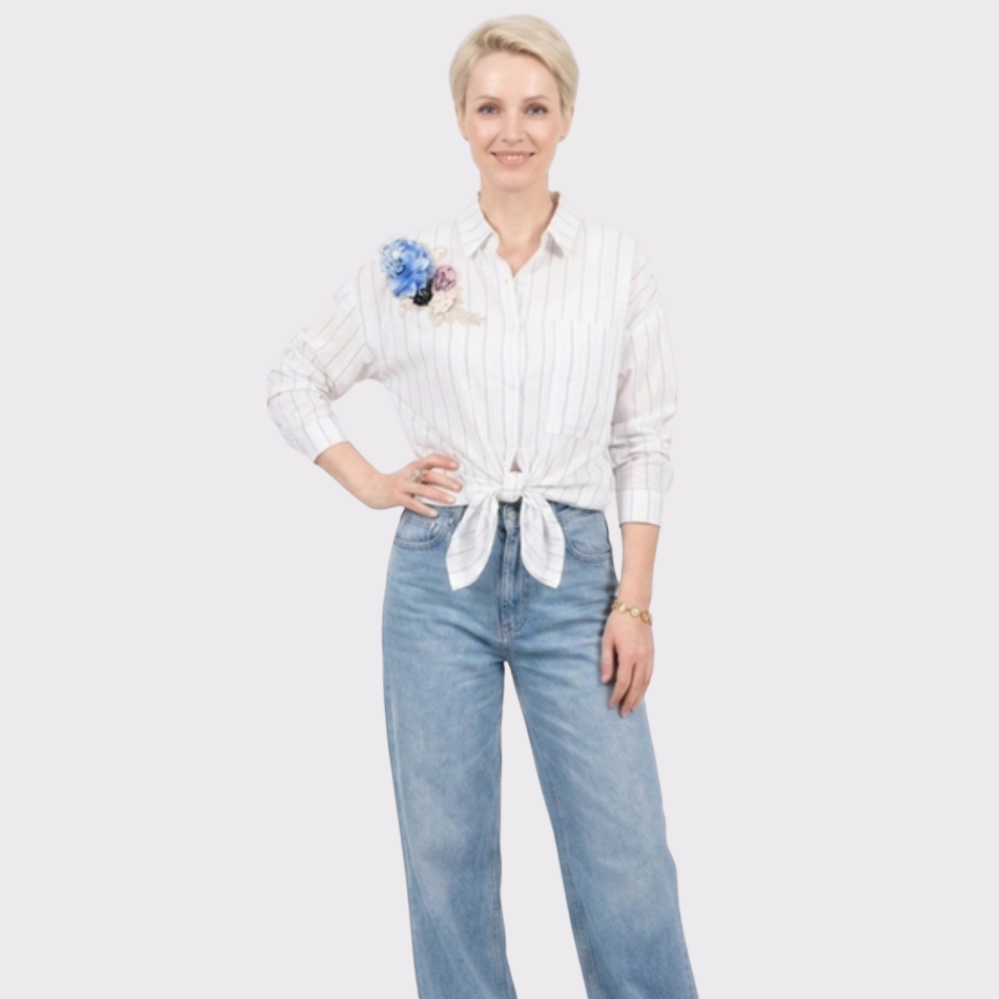 Elegant Italian Striped Cotton Top with 3D Flowers