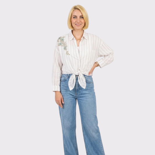 Italian Striped Shirt with Raised Floral Embroidery