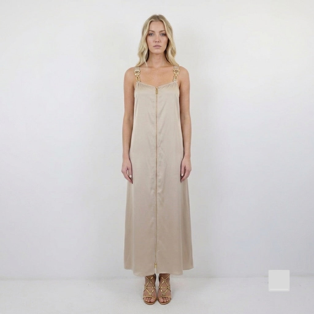 Schiaparelli Inspired Cafe-Au-Lait Satin Maxi Dress