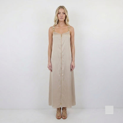Schiaparelli Inspired Cafe-Au-Lait Satin Maxi Dress