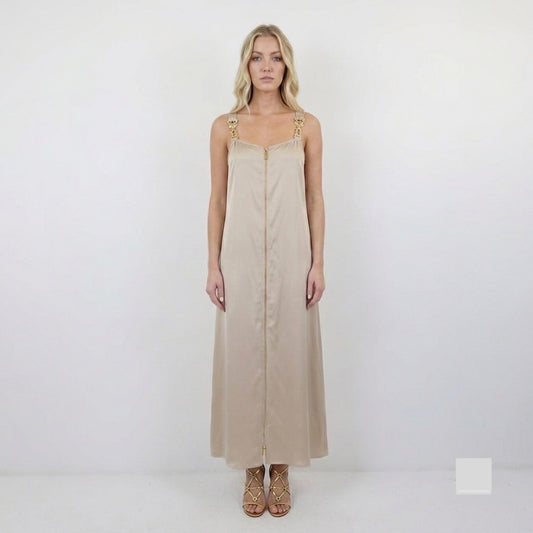 Schiaparelli Inspired Cafe-Au-Lait Satin Maxi Dress