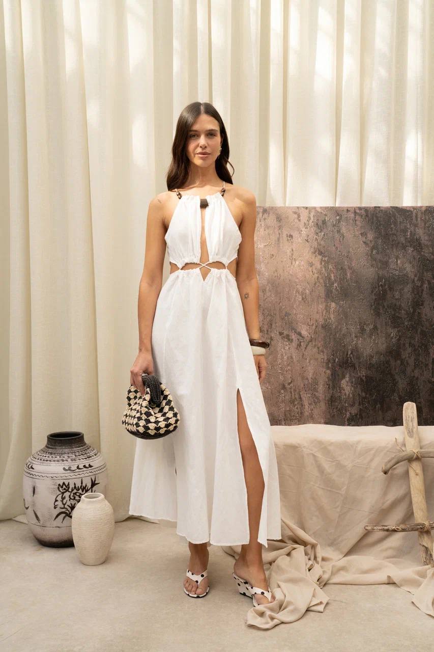 Turkish Linen Halter Beach Maxi Dress with Wooden Accent & Side Slits