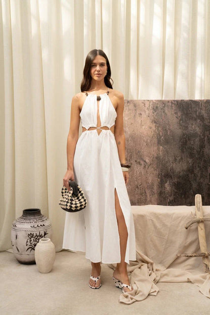 Turkish Linen Halter Beach Maxi Dress with Wooden Accent & Side Slits
