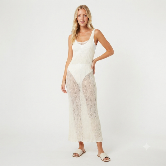 Ivory Crochet-Knit Side-Slit Maxi Beach Dress