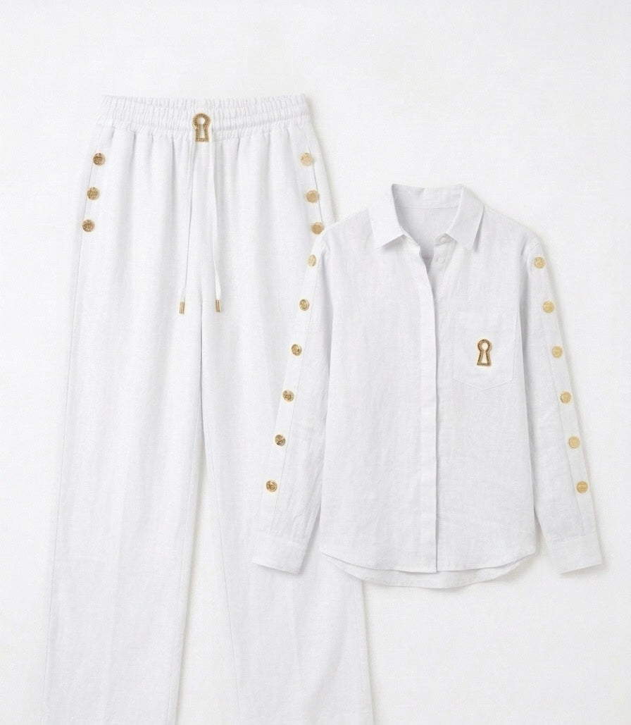 Schiaparelli-Inspired Off-White Linen Set with Golden Details