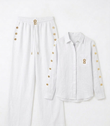 Schiaparelli-Inspired Off-White Linen Set with Golden Details
