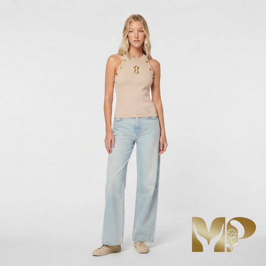 Schiaparelli Ribbed Knit Top with Signature Keyhole Cutout and Gold Buttons - Made in Italy.