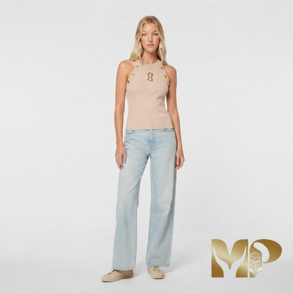 Schiaparelli Ribbed Knit Top with Signature Keyhole Cutout and Gold Buttons - Made in Italy.
