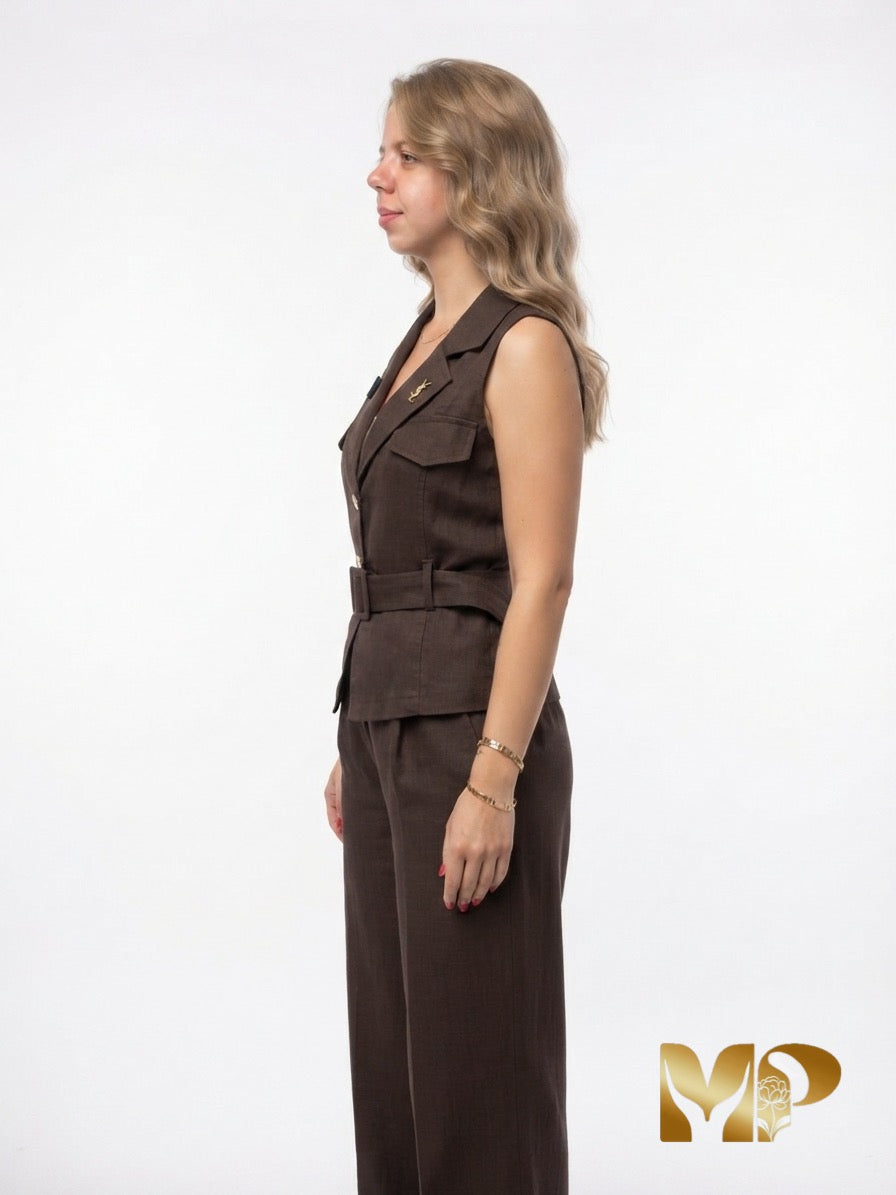 YSL Linen Tailored Vest & Wide-Leg Trousers Set | Luxury Two-Piece Outfit