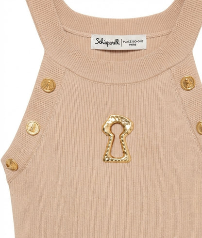 Schiaparelli Ribbed Knit Top with Signature Keyhole Cutout and Gold Buttons - Made in Italy.