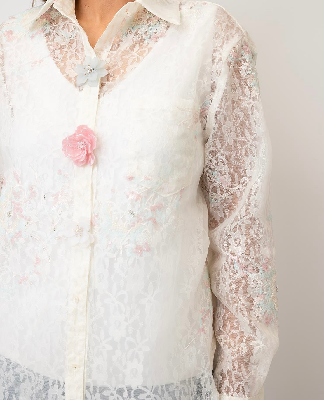 Elegant French Floral Mesh Blouse