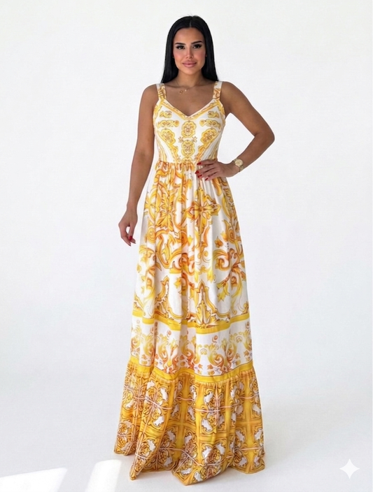 Dolice & Gabbana Yellow Majolica Maxi Dress