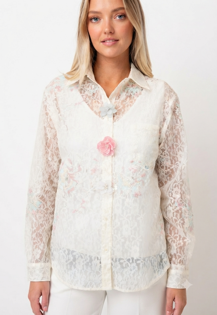 Elegant French Floral Mesh Blouse