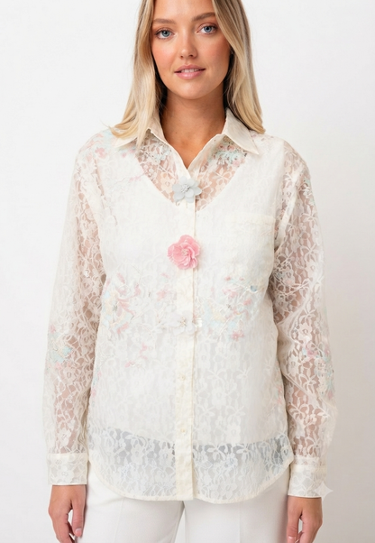 Elegant French Floral Mesh Blouse