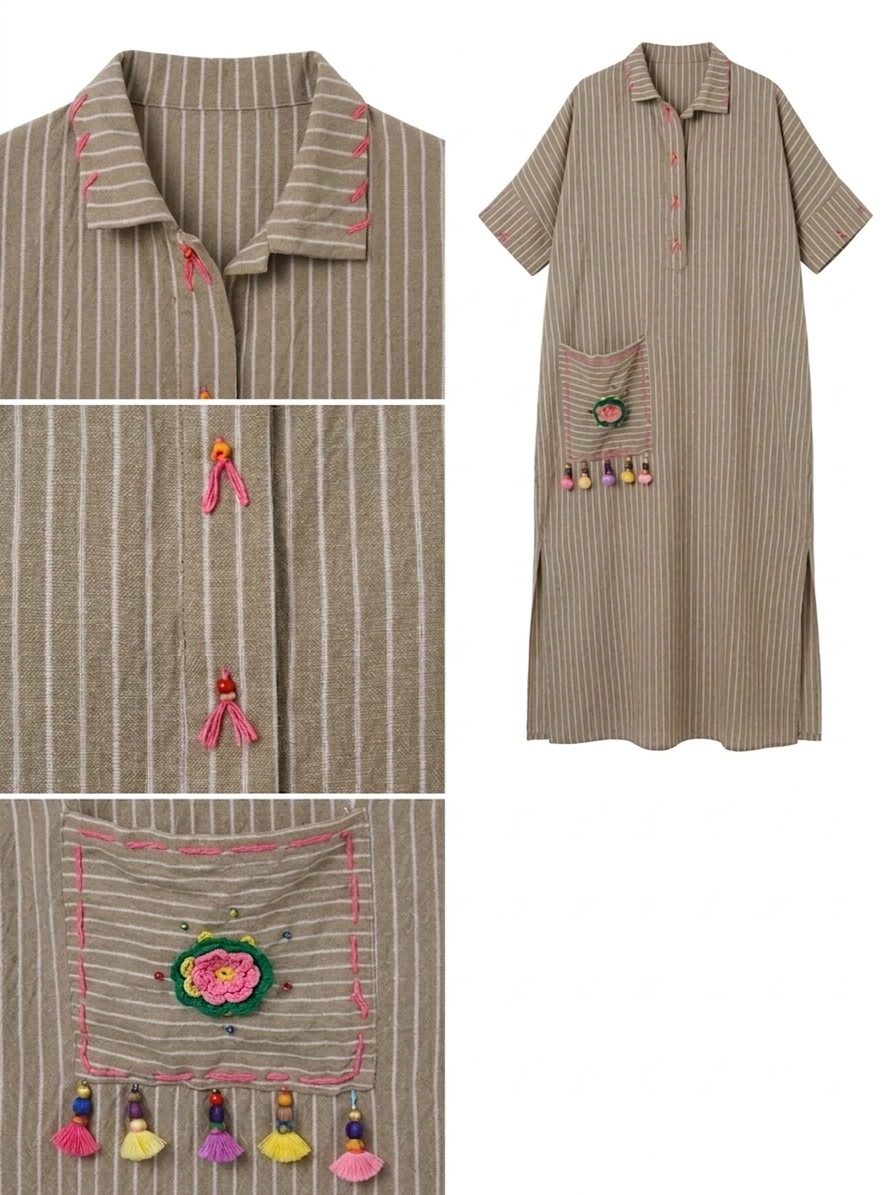 Striped Italian Linen Maxi Dress with Knit Accents