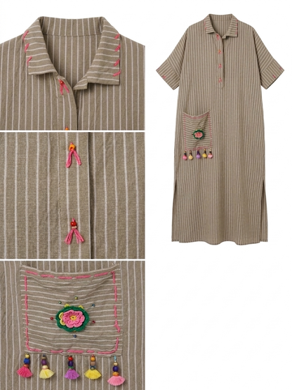 Striped Italian Linen Maxi Dress with Knit Accents