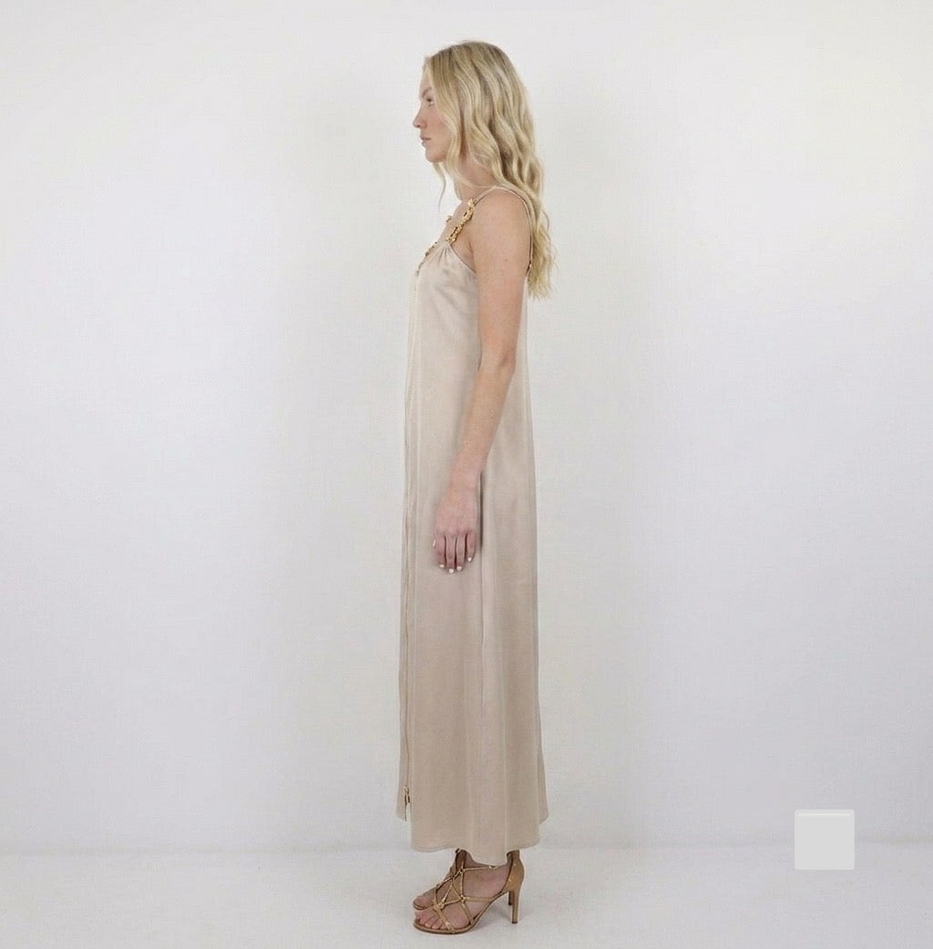 Schiaparelli Inspired Cafe-Au-Lait Satin Maxi Dress