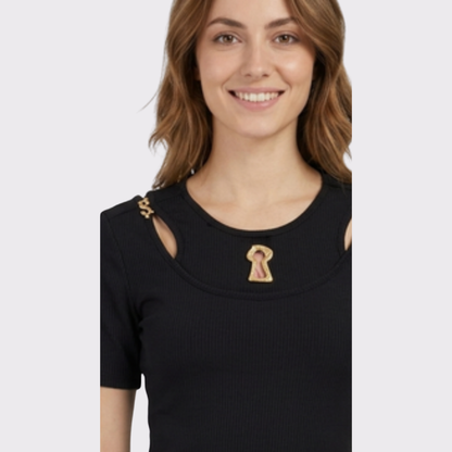 Schiaparelli Inspired Ribbed Top with Mismatched Gold Buttons