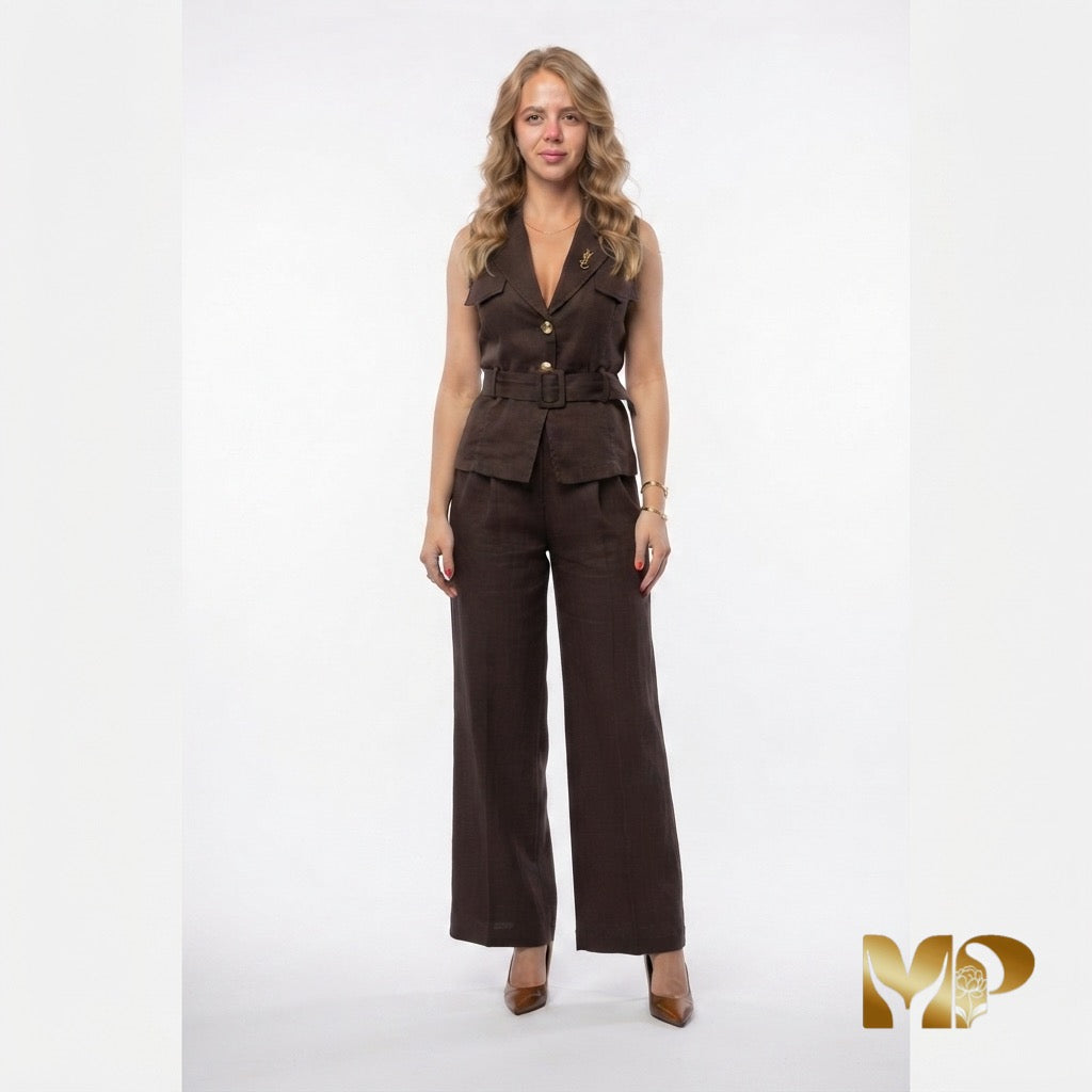 YSL Linen Tailored Vest & Wide-Leg Trousers Set | Luxury Two-Piece Outfit