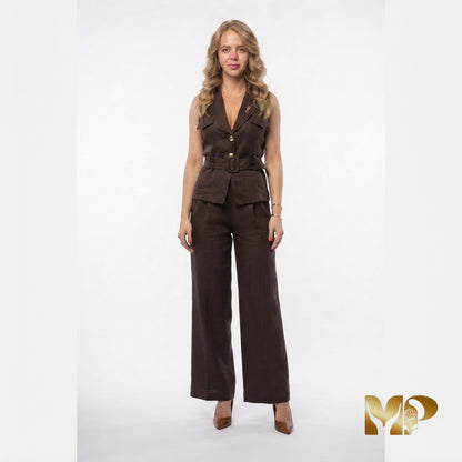 YSL Linen Tailored Vest & Wide-Leg Trousers Set | Luxury Two-Piece Outfit