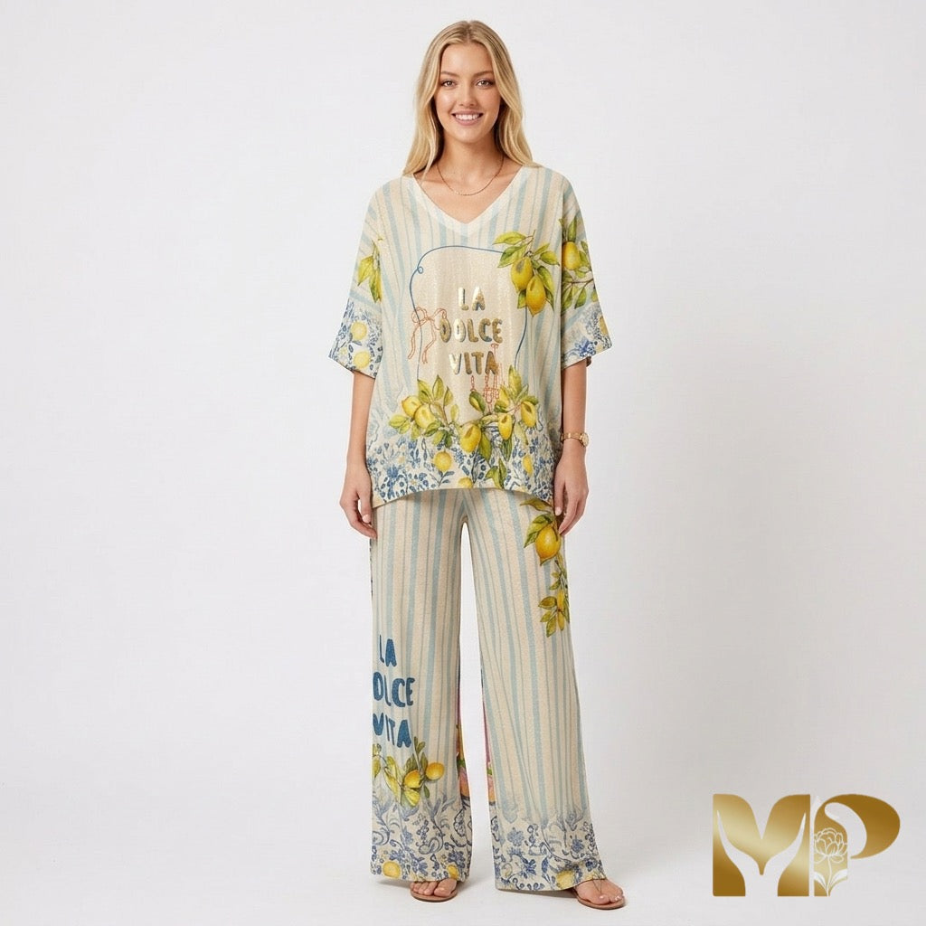 Reversible Italian Two-Piece Set: "La Dolce Vita" Print & Stripes