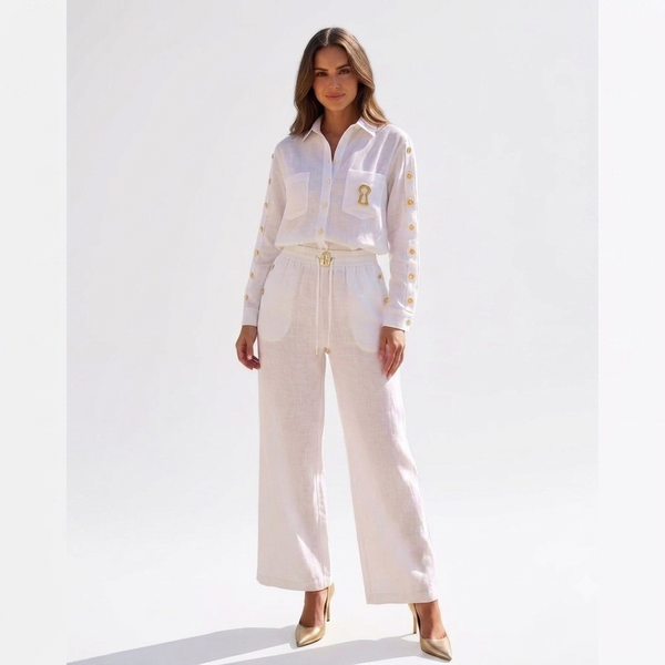 Schiaparelli-Inspired Off-White Linen Set with Golden Details