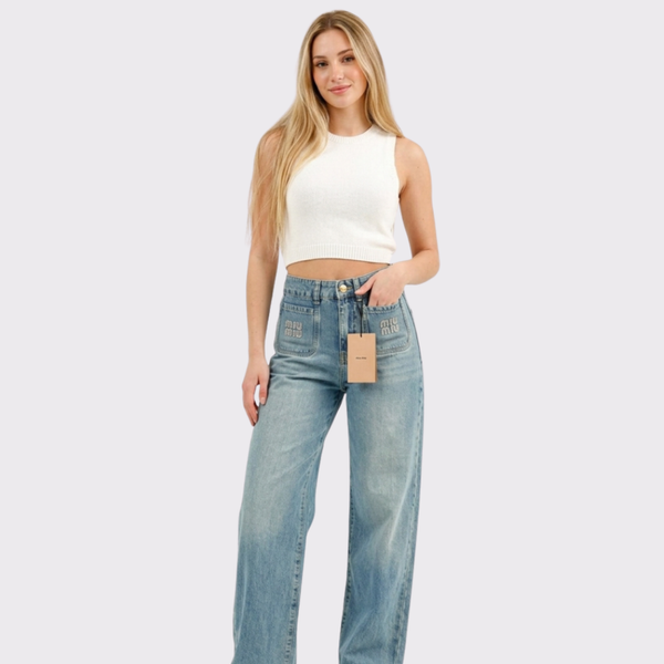 Miu Miu Wide-Leg Glitter Logo Jeans