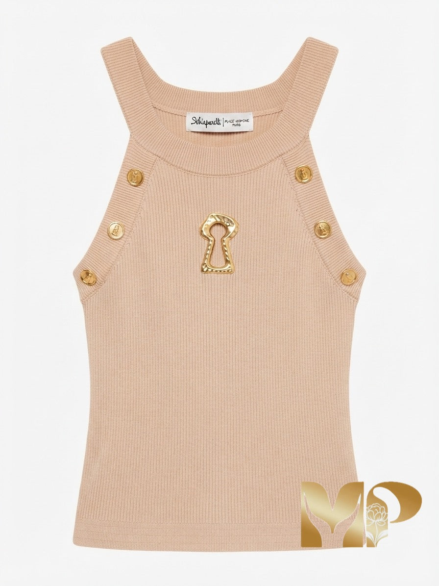 Schiaparelli Ribbed Knit Top with Signature Keyhole Cutout and Gold Buttons - Made in Italy.