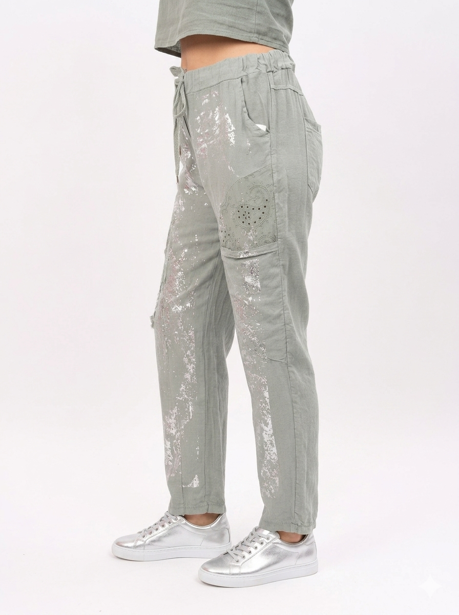 Soft Italian Linen Trousers with Silver Print
