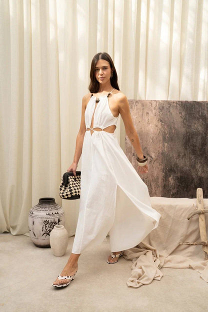 Turkish Linen Halter Beach Maxi Dress with Wooden Accent & Side Slits