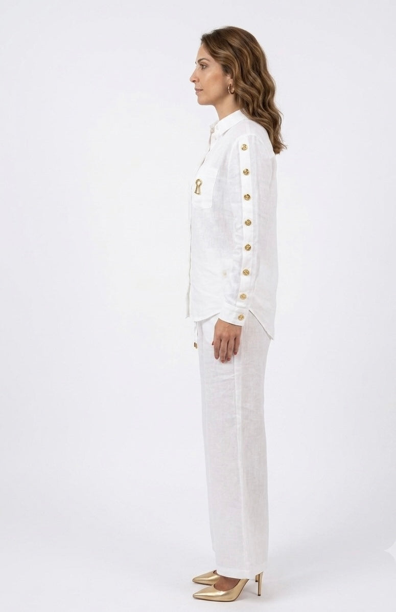 Schiaparelli-Inspired Off-White Linen Set with Golden Details